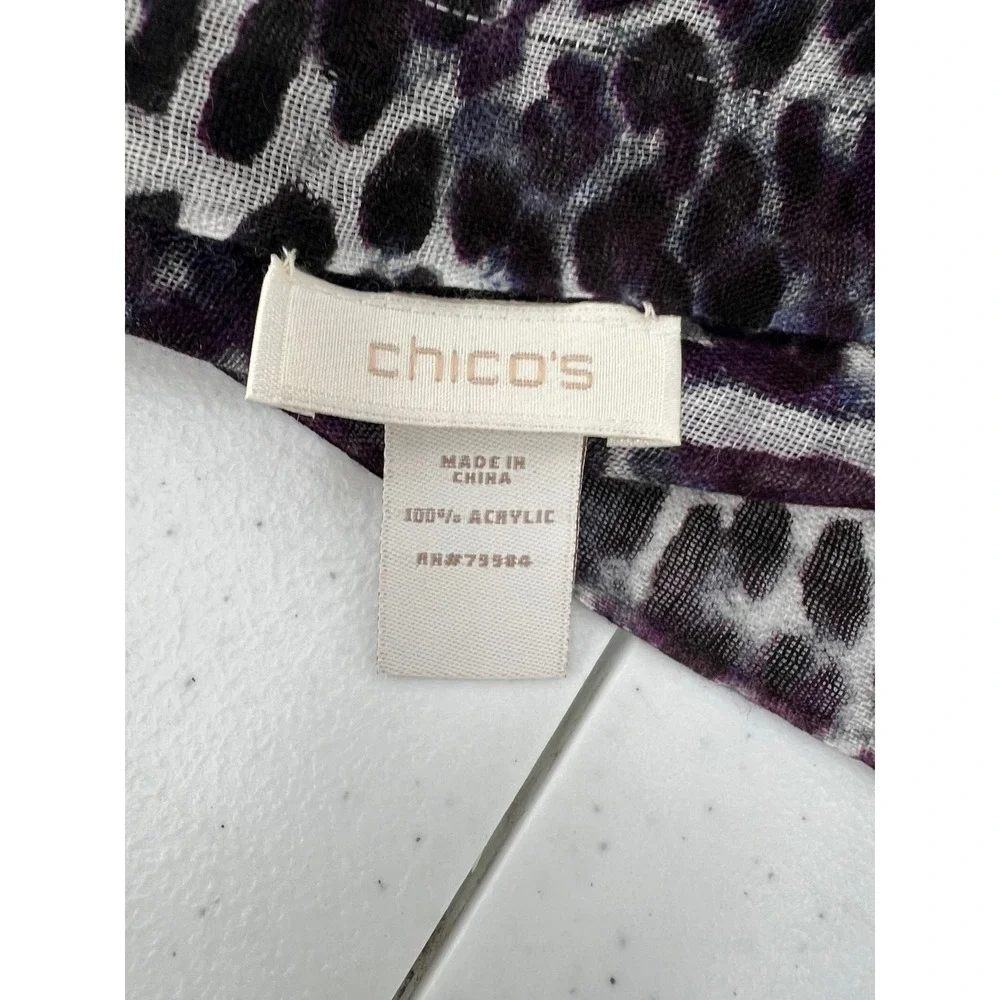 Chico's Purple Black Leopard Animal Print Lightweight Fringe Scarf Wrap